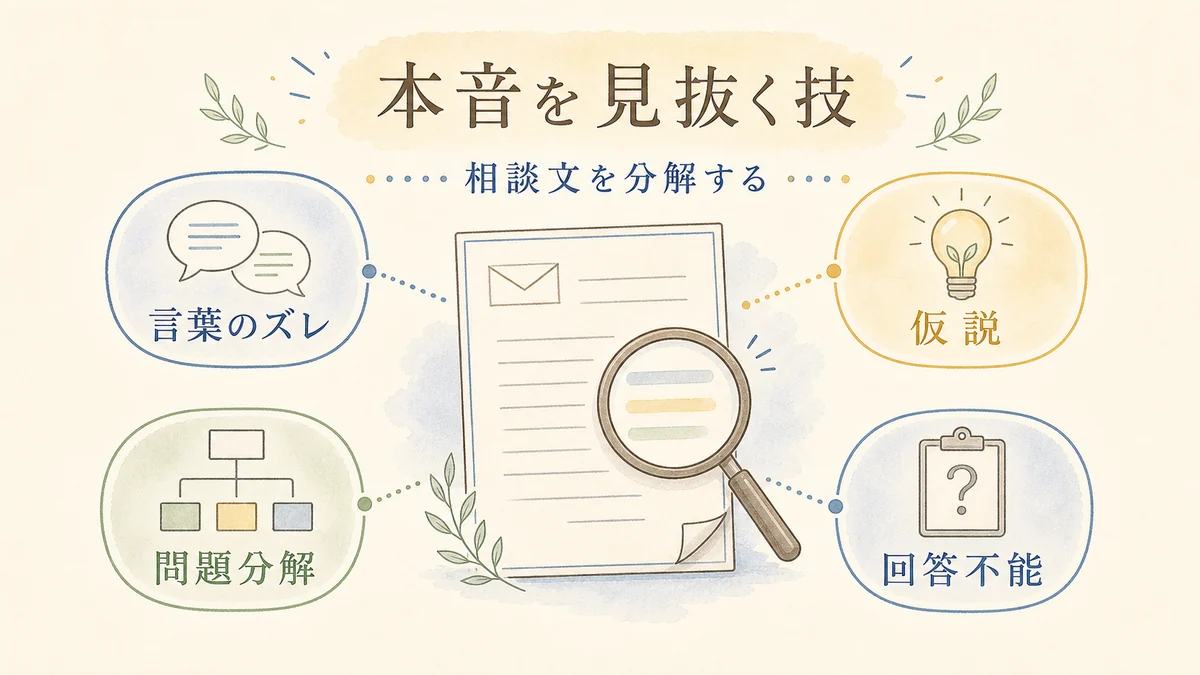 相談文の違和感から本音を読み悩みを分解する固定プリセット図解アイキャッチ