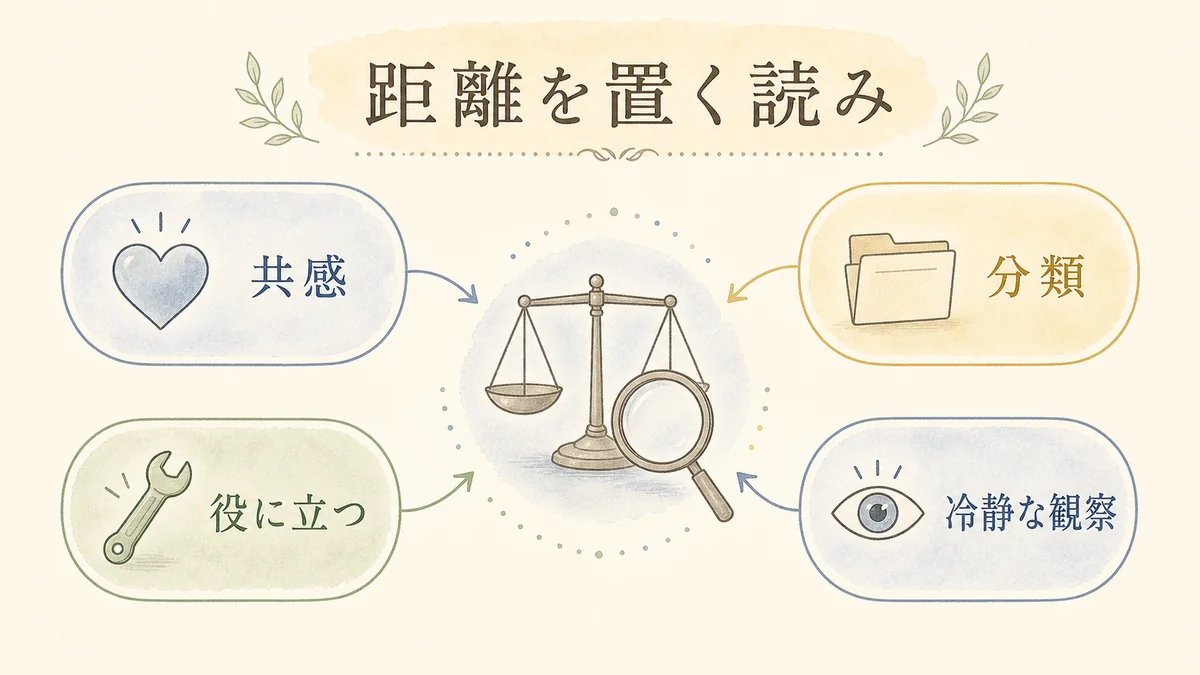 共感と分類と役に立つ視点を分ける読み方を示す固定プリセット図解