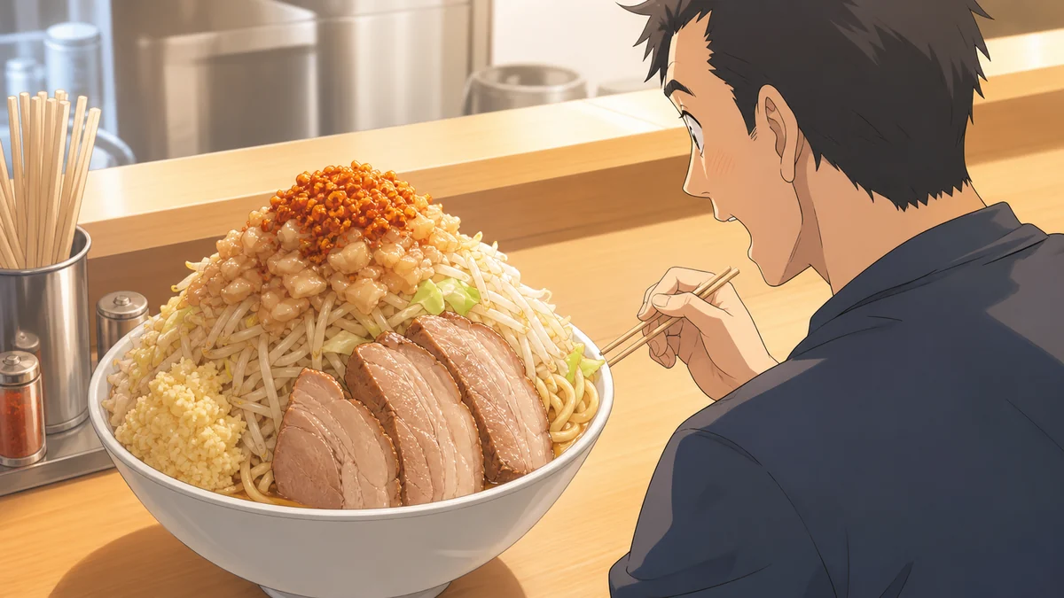 山盛りの二郎系ラーメンと初挑戦の食べ進め方を描いた視聴ガイド用アイキャッチ