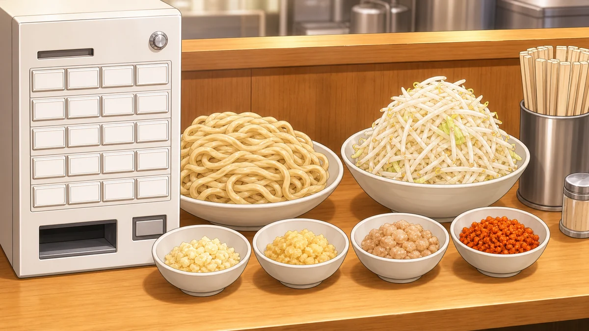 二郎系ラーメンの注文と麺量、トッピングの雰囲気を示す挿絵