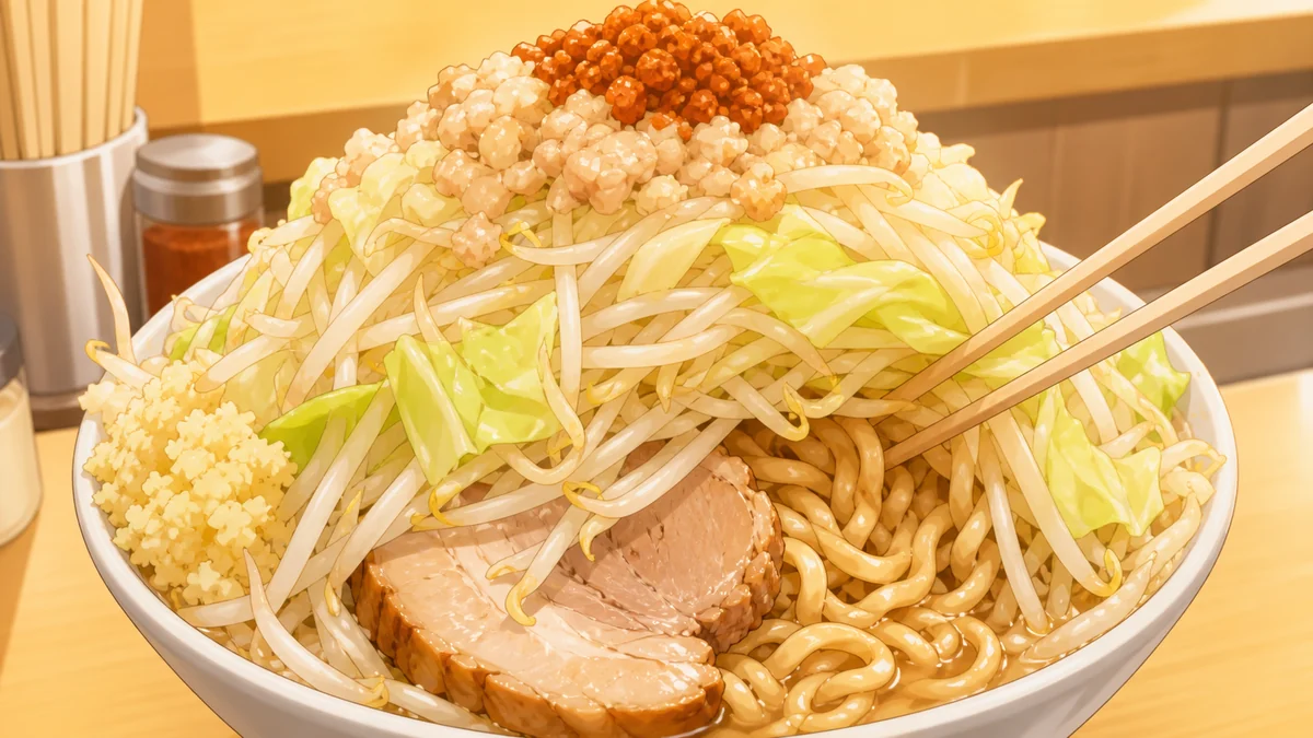 野菜増し増しの山盛りラーメンと麺まで遠い迫力を描いた挿絵