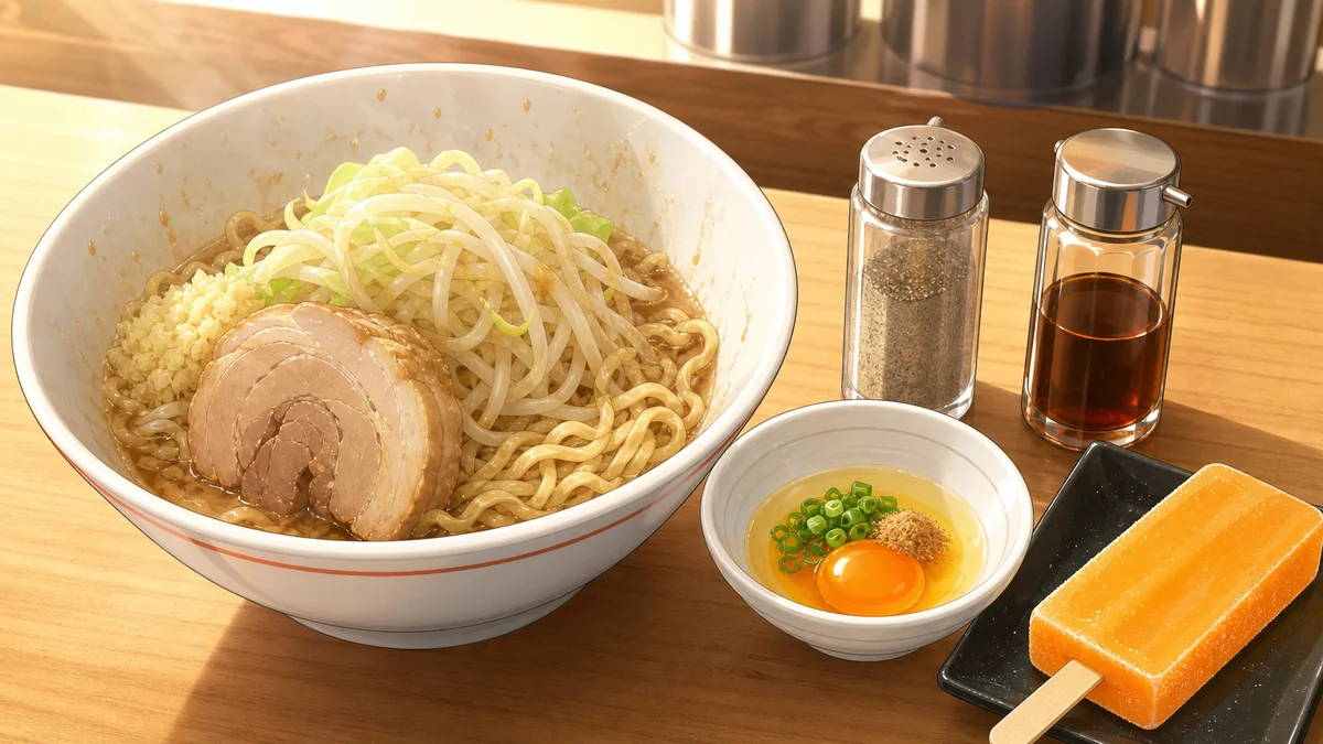 二郎系ラーメンの後半を支える味変の小鉢や調味料を描いた挿絵