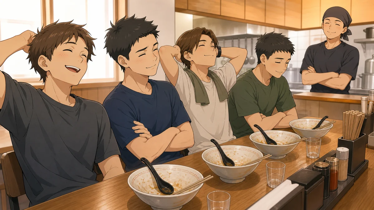 ラーメン店で完食に向かうチーム感を描いた挿絵