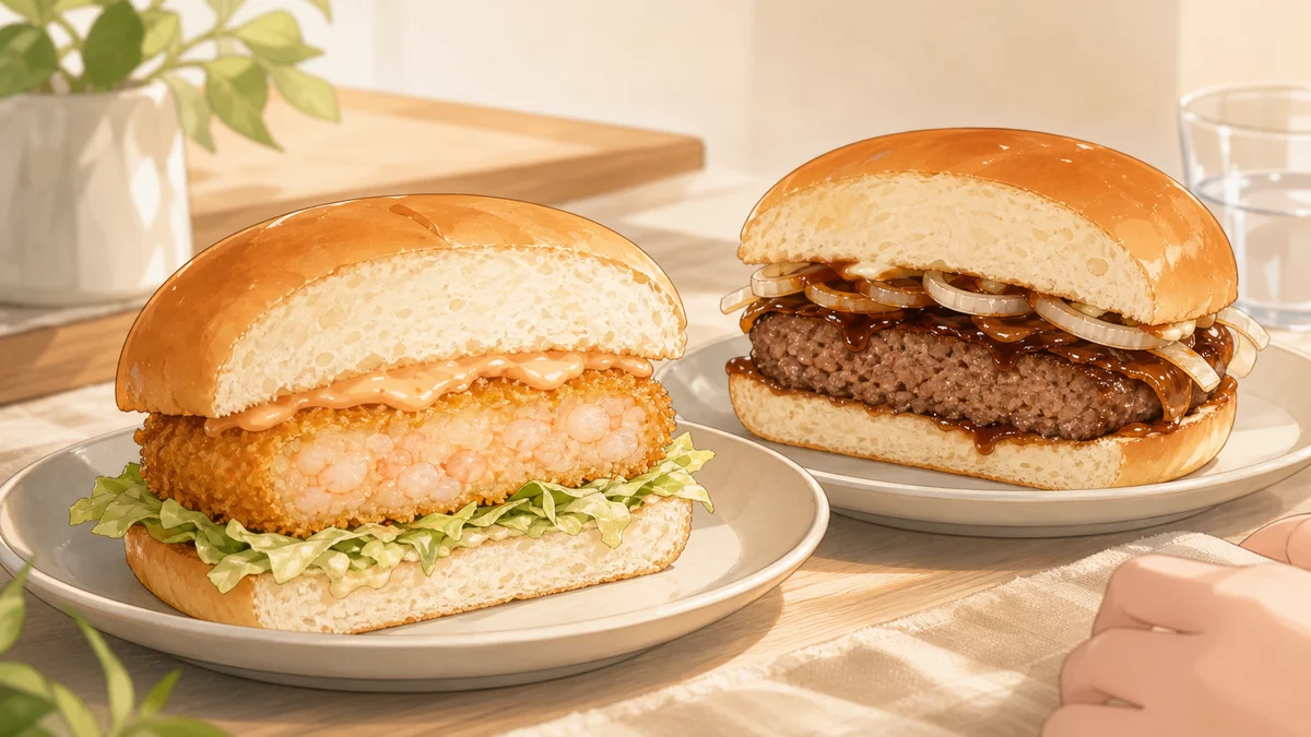 えびカツバーガーと厚切りビーフバーガーの食感とソースを見せる挿絵