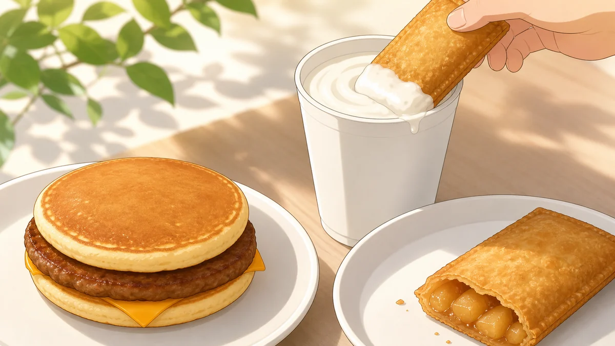 甘じょっぱい朝食サンドとアップルパイをシェイクにつける組み合わせの挿絵