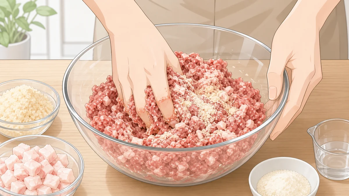 粉ゼラチンと刻んだ牛脂を合い挽き肉に混ぜ込む工程