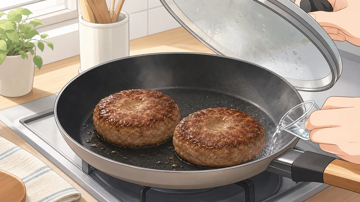 ハンバーグを弱めの火でじっくり焼いて蒸し焼きにする工程