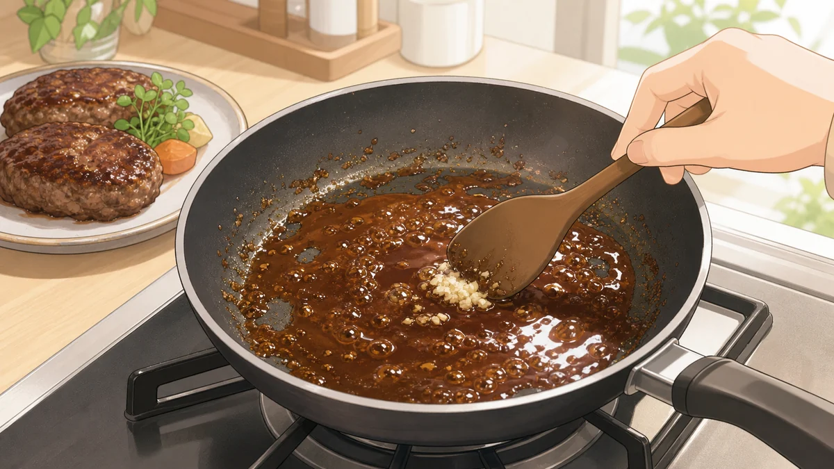 フライパンに残った旨味でしょうゆベースの和風ソースを作る工程