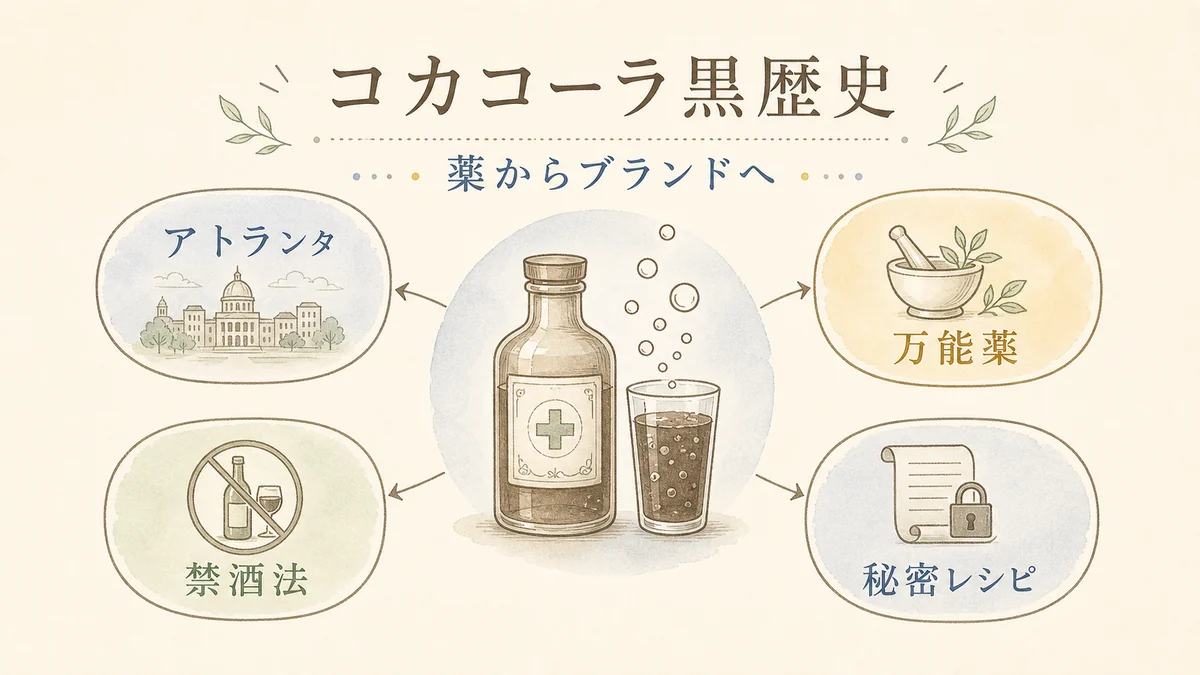 コカ・コーラの黒歴史を薬からブランドへの流れとして示す固定プリセット図解アイキャッチ