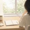 朝のストレス予測と集中力の関係を表すアニメ風の朝のデスク