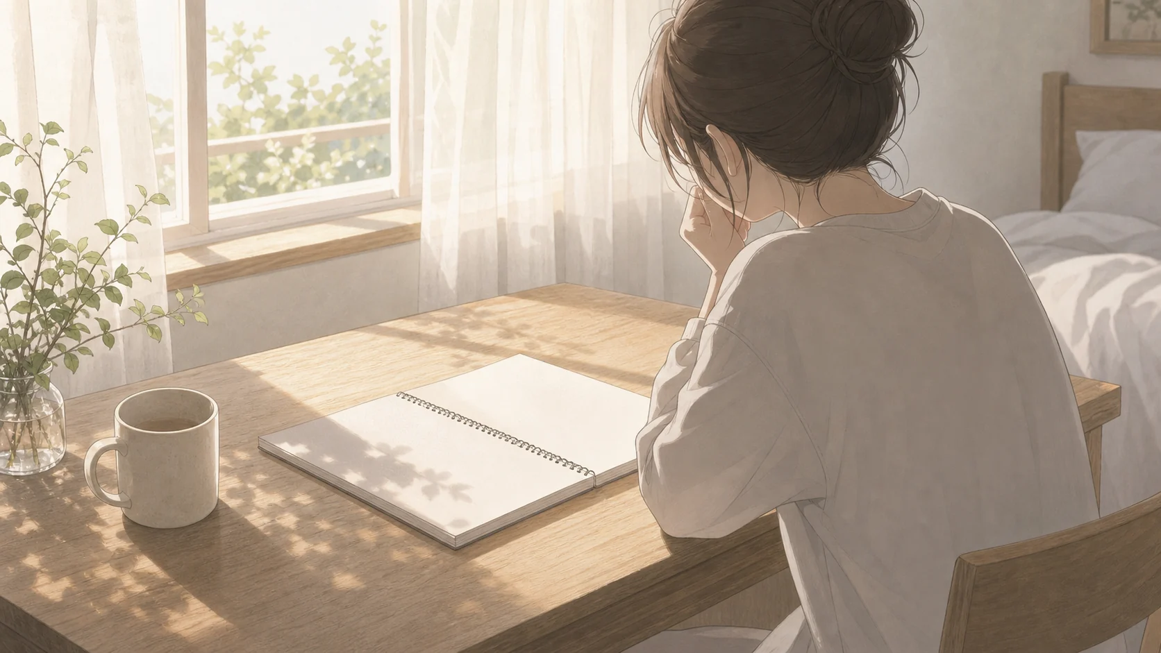 朝のネガティブな予測が脳に負荷をかける様子を表すアニメ風の朝のデスク