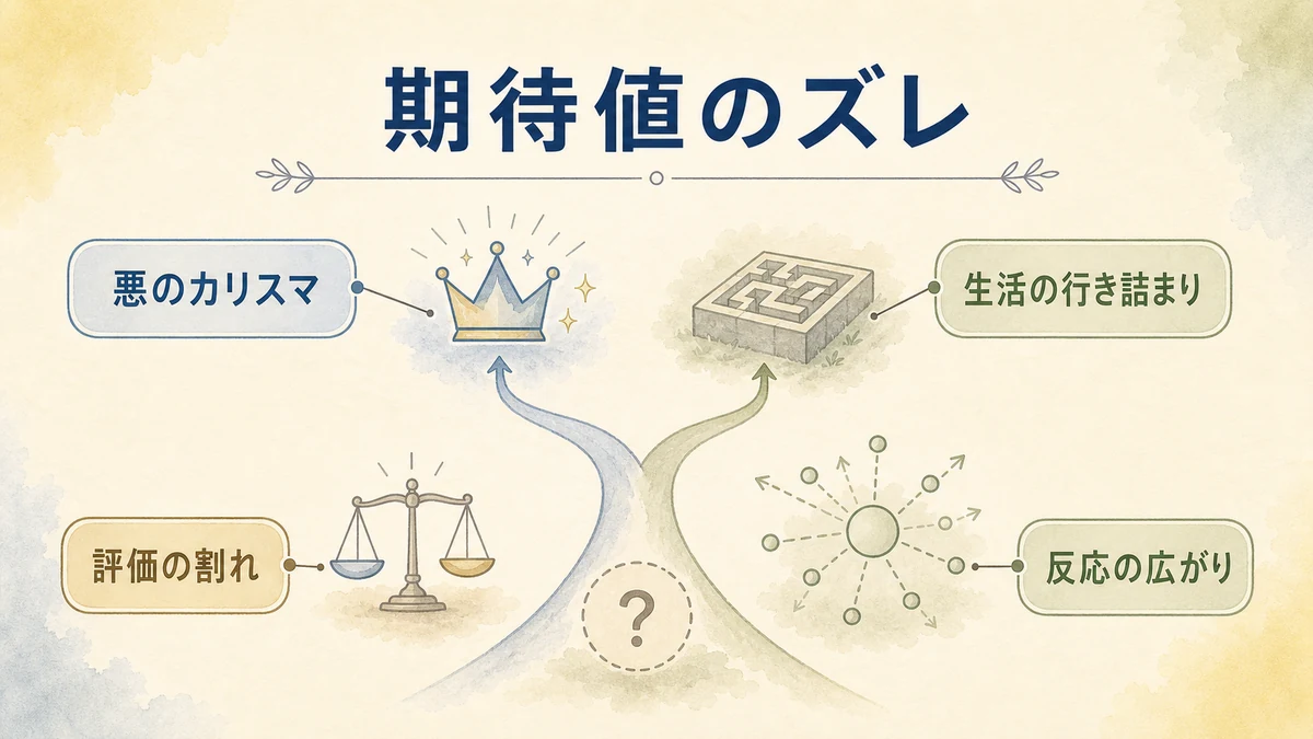 悪のカリスマを期待するかどうかで映画の受け取り方が分かれる構造を示す図解
