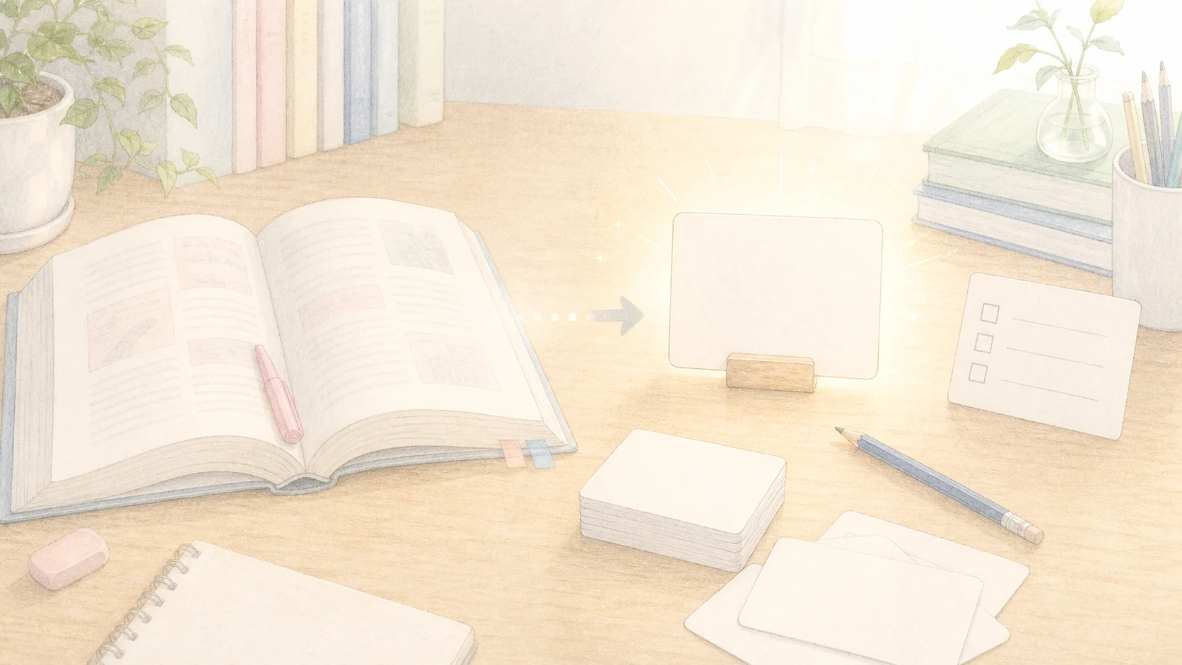 読むだけの勉強から思い出す練習へ切り替える学習机を表したアニメ風画像