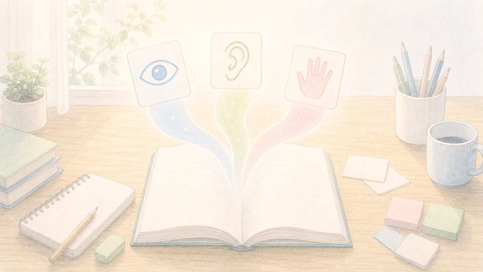 学習スタイル神話を疑い複数の方法が一つの学びへ合流する様子を表したアニメ風画像