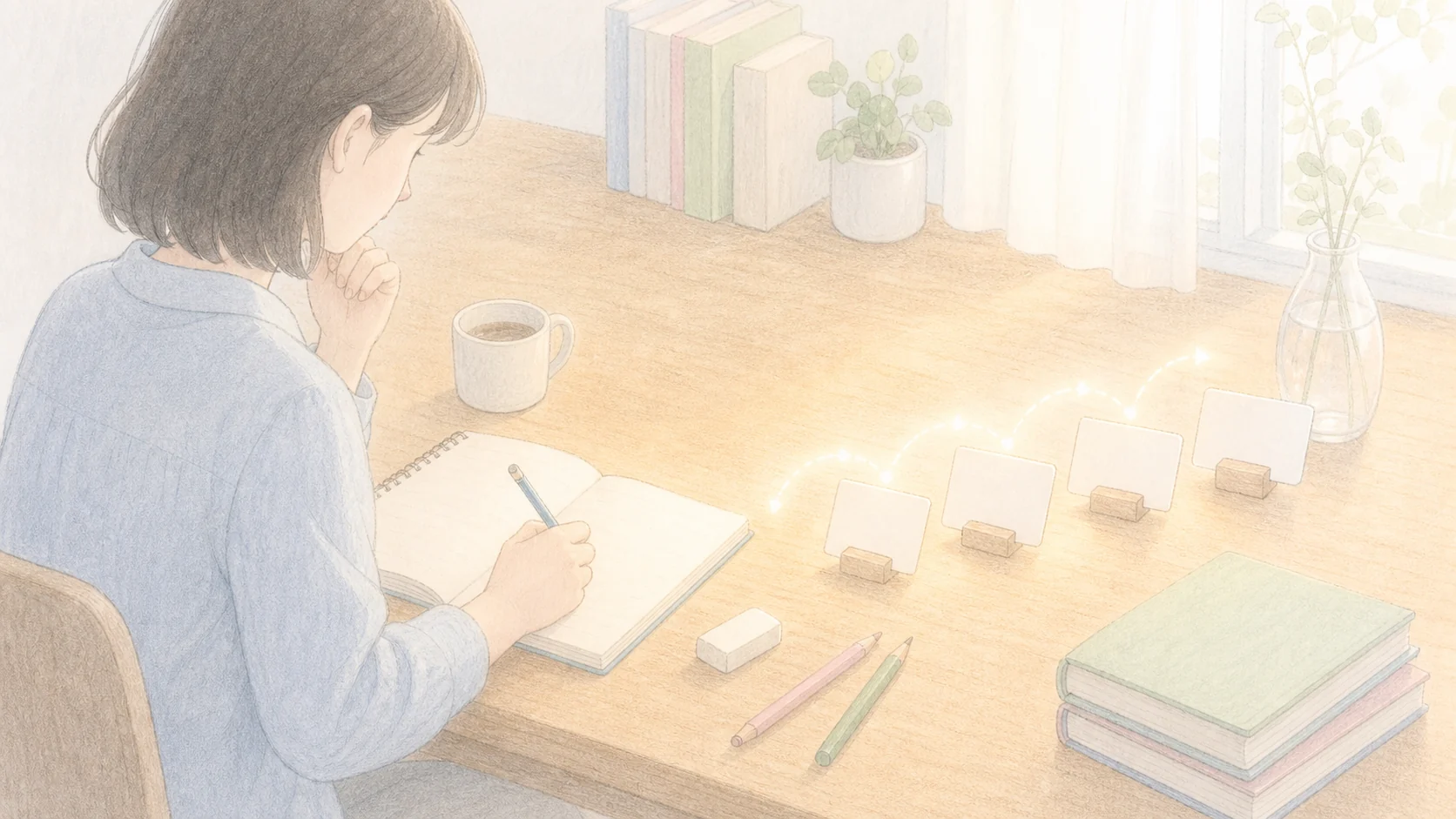 賢さよりプロセスを褒める考え方を机上の手順カードで表したアニメ風画像
