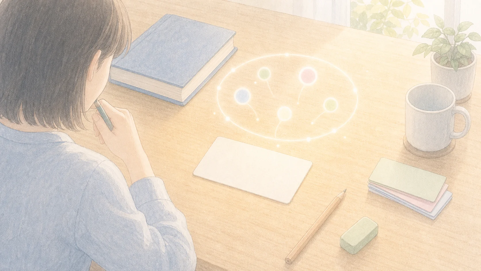 検索練習で記憶を定着させる様子を閉じた本と空白カードで表したアニメ風画像