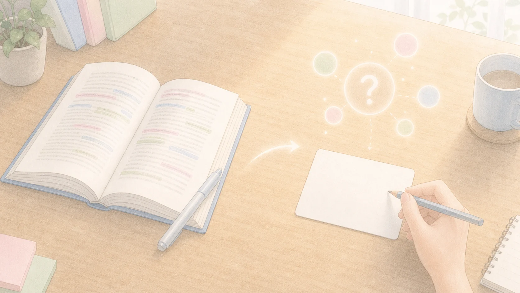 再読や線引きだけの受け身学習から空白カードへ移る様子を表したアニメ風画像