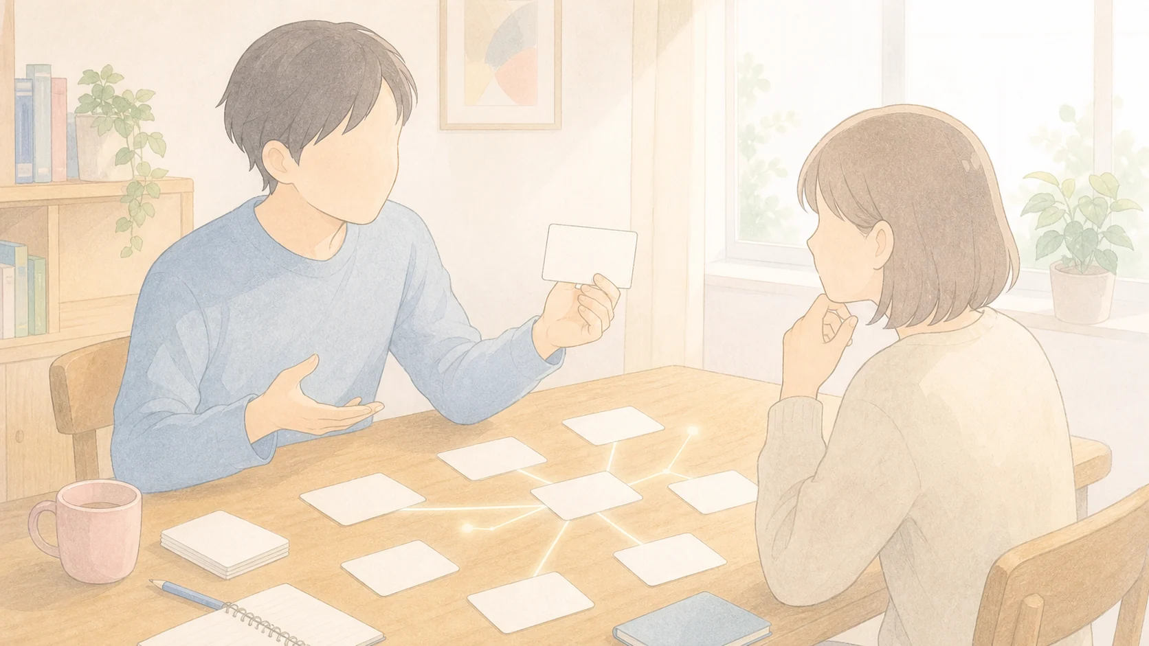 教えるつもりで学ぶと理解が深まる様子を成人同士の説明場面で表したアニメ風画像