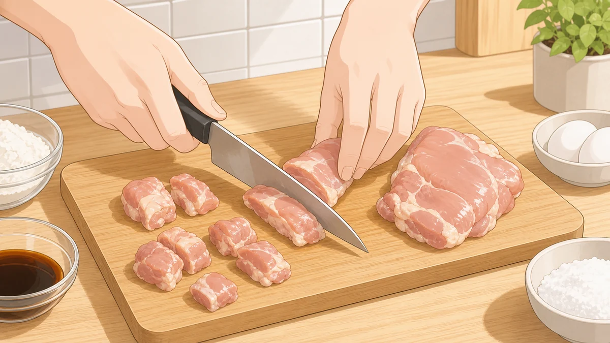 鶏もも肉を一口大に切って唐揚げ用に整える工程
