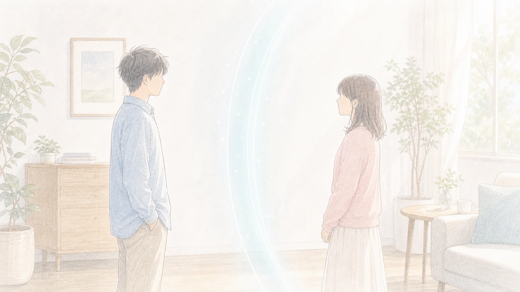 人間関係の依存を悪用ではなく境界線として表した落ち着いたアニメ風画像