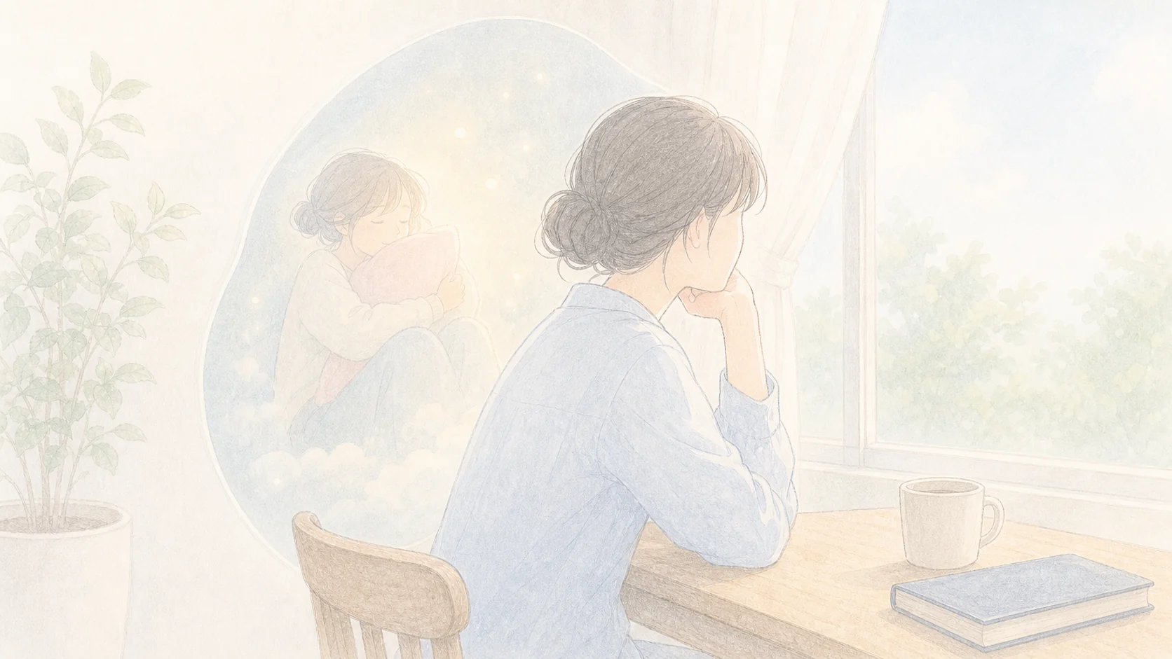 現実逃避ポイントを窓辺の人物と内面の逃げ場で表したアニメ風画像