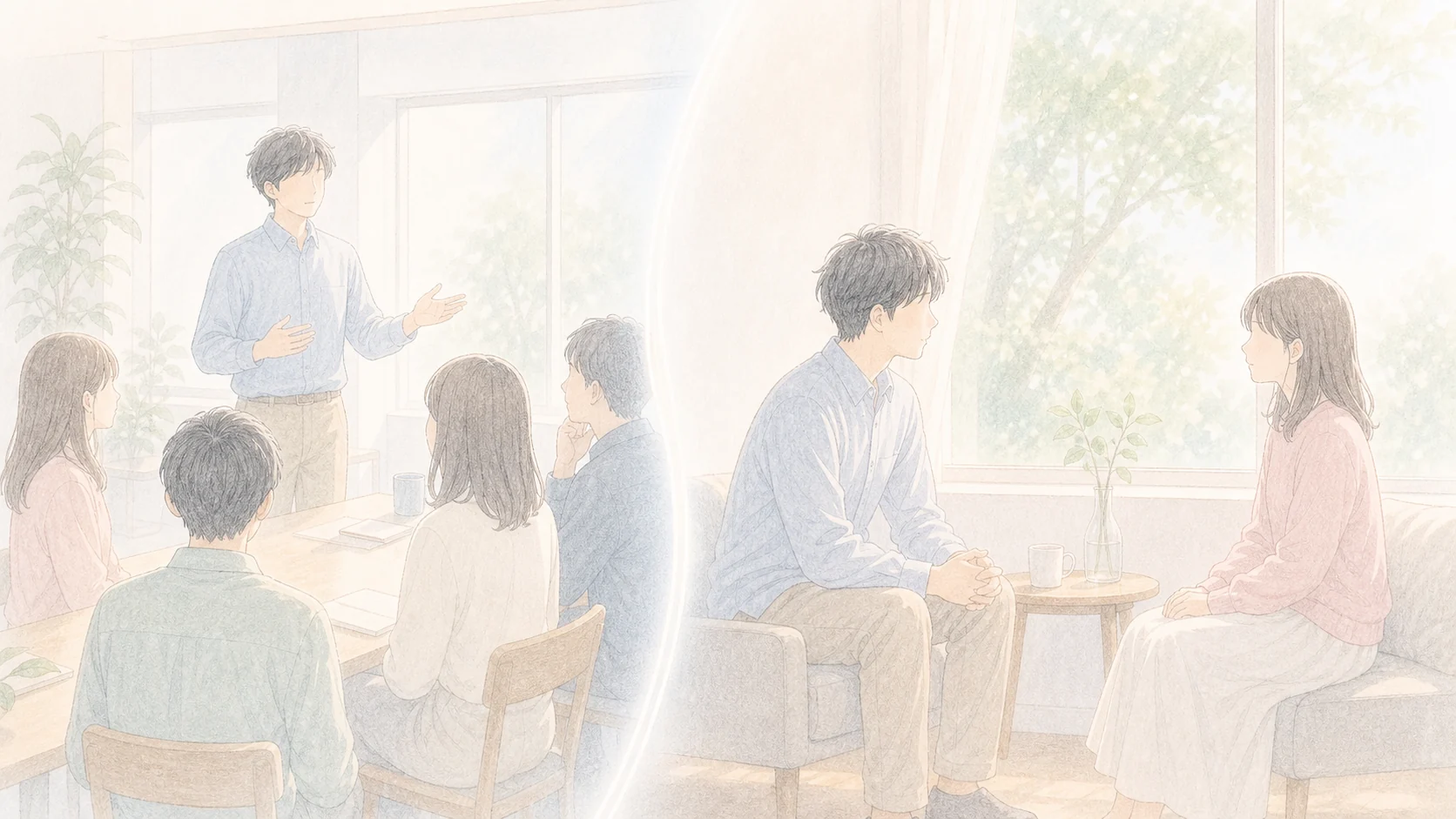 公の場での尊重と二人の場での対話を左右の場面で表したアニメ風画像