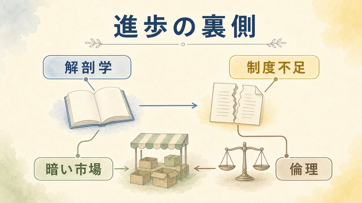 解剖学の進歩と死体調達の暗い市場を示す図解